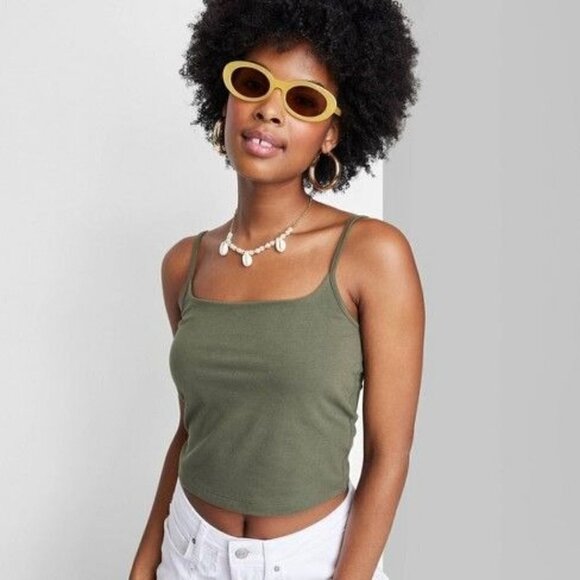 Wild Fable Olive Green Scoop Neck Ribbed Crop Tank Top M - Picture 1 of 4